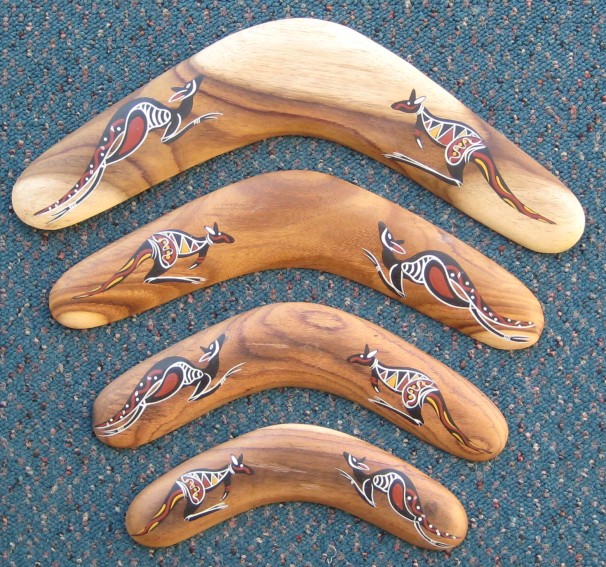 Solid timber wooden boomerangs in traditional style featuring flying kangaroos
