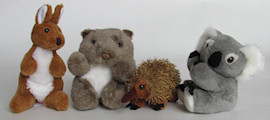 Beany toys: kangaroo, wombat, echidna, koala