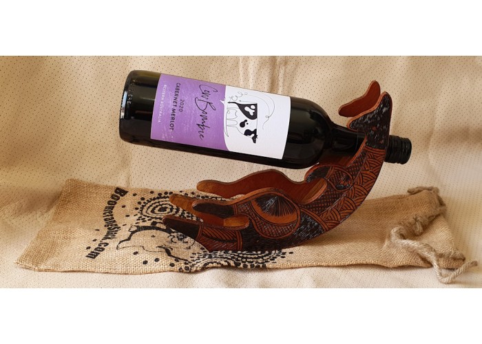 Wine Bottle Holder Aboriginal Hand Burnt Kangaroo Shape